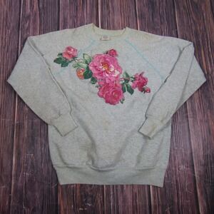Vintage Pannill Womens Large Gray Rose Floral Graphic Crewneck Sweatshirt